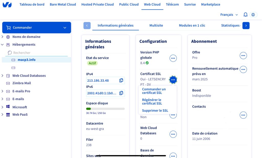 Interface client OVH, régénérer le certificat SSL.